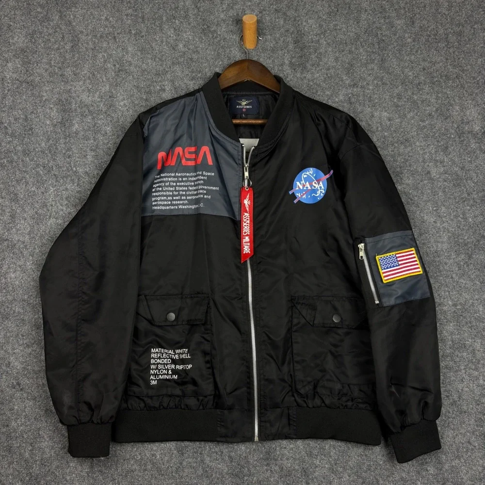 ASSTSERIES NASA Bomber Jacket Mens Large Black Flight MA-1 Streetwear Graphic